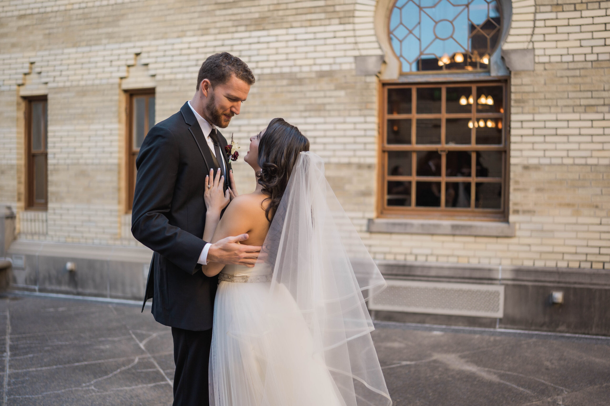 Couple shares a first look at The Fox Theatre before their wedding ceremony.